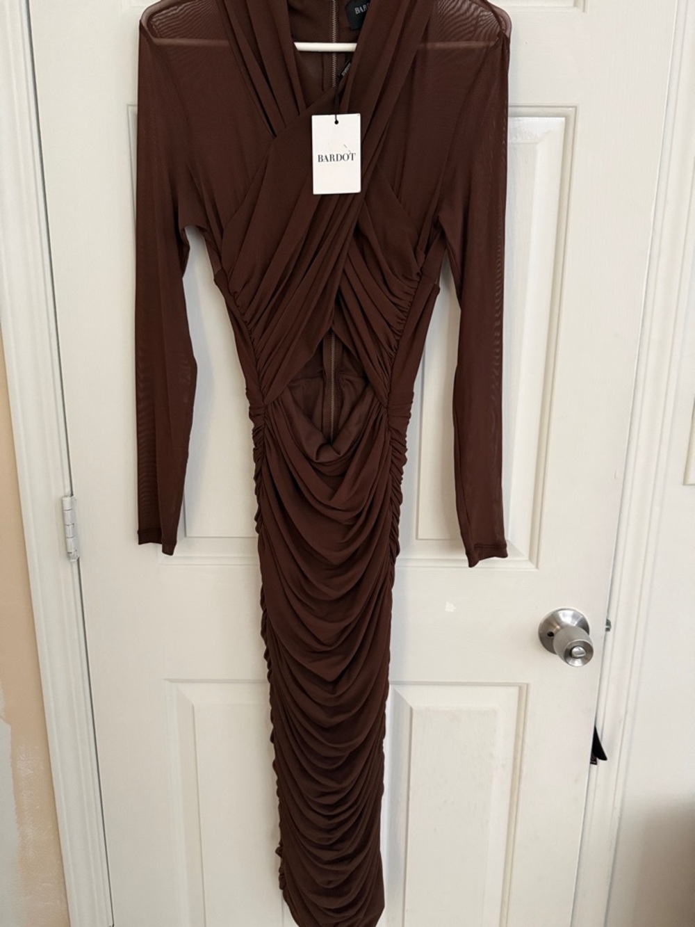 Bardot Brown Ruched Long Sleeve Midi Dress